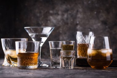 Assortment of strong alcohol drinks. Cognac, scotch, whiskey, tequila, vodka