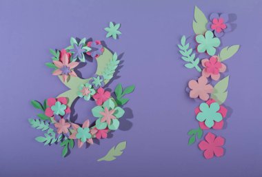 International Womens Day 8 March greeting card from flowers. Paper cut in pastel color