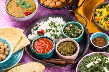 Hint yemeği çeşitleri. Biryani, palak paneer, chapati, dal, thali ve baharatlar