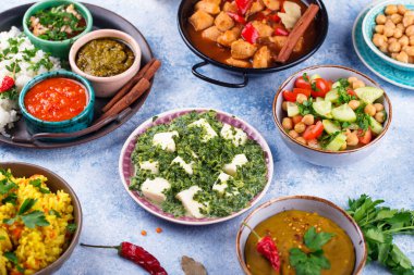 Hint yemeği çeşitleri. Biryani, palak paneer, chapati, dal, thali ve baharatlar