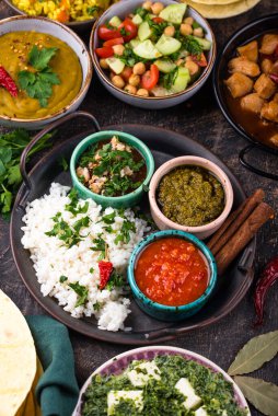 Hint yemeği çeşitleri. Biryani, palak paneer, chapati, dal, thali ve baharatlar