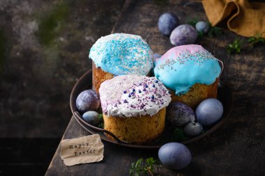 Traditional Ukrainian and Russian Easter cake kulich and eggs