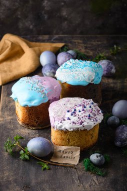 Traditional Ukrainian and Russian Easter cake kulich and eggs