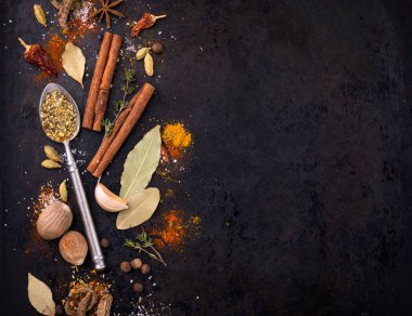 Different spices and herbs on a black background. Paprika, curry, nutmeg, cinnamon, bay leaf, salt, pepper, cardamom. Space for text