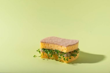 Sabun ve süngerle çevre temizliği, sıfır atık sürdürülebilir konsept. Sert ışıkla modern moda tarzı