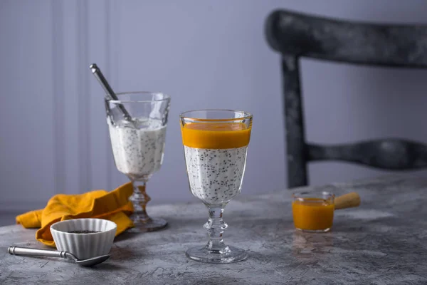 Stock image Healthy chia seeds pudding with mango sauce