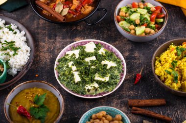 Hint yemeği çeşitleri. Biryani, palak paneer, chapati, dal, thali ve baharatlar