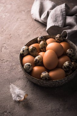 Kahverengi arka planda taze çiftlik tavuğu ve bıldırcın yumurtası.