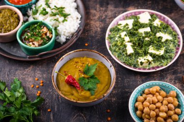 Hint yemeği çeşitleri. Biryani, palak paneer, chapati, dal, thali ve baharatlar