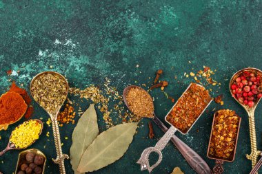 Assortment of diffferent Indian spices and herbs on spoon on green background