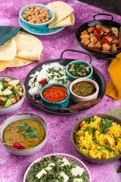 stock image Assorted of Indian food. Biryani, palak paneer, chapati, dal, thali and spices