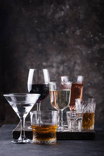 Assortment Strong Soft Alcohol Drinks Cognac Scotch Whiskey Tequila Vodka — Stock Photo, Image