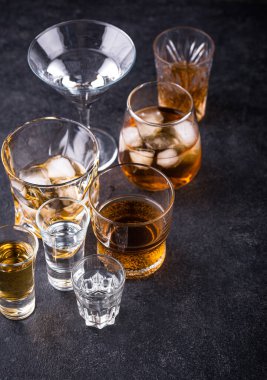 Assortment of strong alcohol drinks. Cognac, scotch, whiskey, tequila, vodka
