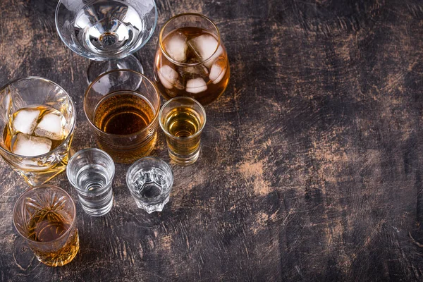Assortment Strong Alcohol Drinks Cognac Scotch Whiskey Tequila Vodka — 스톡 사진