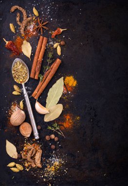Different spices and herbs on a black background. Paprika, curry, nutmeg, cinnamon, bay leaf, salt, pepper, cardamom. Space for text