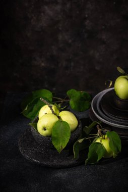 Koyu arka planda taze yeşil elma. Sonbahar hasadı