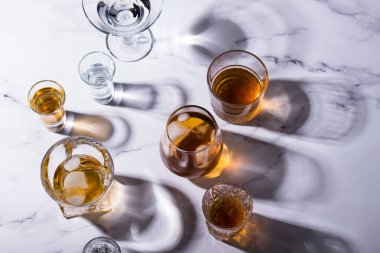 Assortment of strong alcohol drinks. Cognac, scotch, whiskey, tequila, vodka