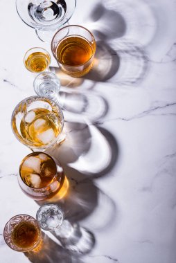 Assortment of strong alcohol drinks. Cognac, scotch, whiskey, tequila, vodka