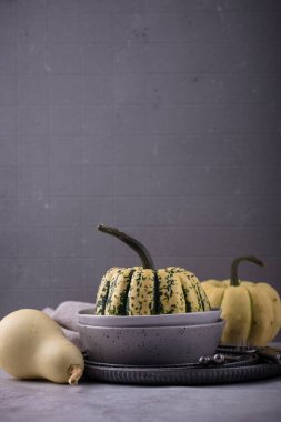 Yeşil arka planda dekoratif balkabağı. Sonbahar konsepti