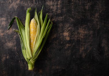 Siyah arka planda çiğ mısır. Karanlık ruh hali sade anahtar tarzı
