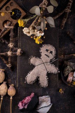 Voodoo doll. Black magic witch esoteric ritual. Halloween concept