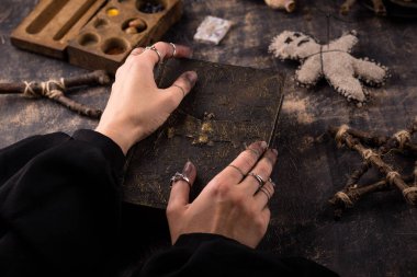 Voodoo doll. Black magic witch esoteric ritual. Halloween concept