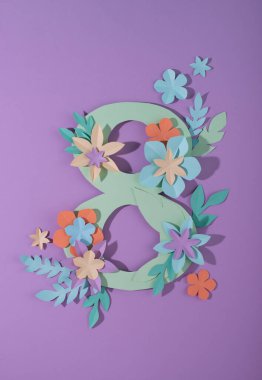 International Womens Day 8 March greeting card from flowers. Paper cut in pastel color