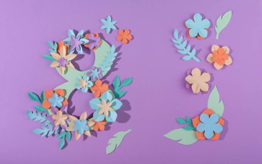 International Womens Day 8 March greeting card from flowers. Paper cut in pastel color