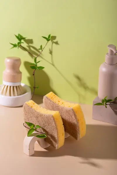 Eco cleaning with soap and sponges, zero waste sustainable concept. Modern trendy style with hard light