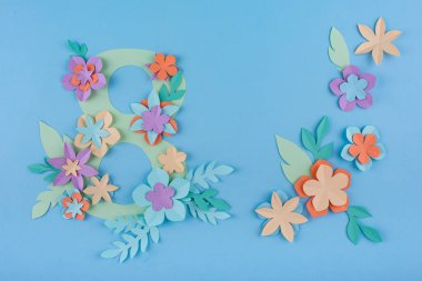 International Womens Day 8 March greeting card from flowers. Paper cut in pastel color