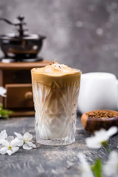 Dalgona whipped coffee with milk, trendy drink