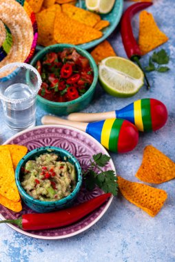 Geleneksel Meksika yemeği nachos, salsa, guacamole, tekila. Cinco de mayonez konsepti