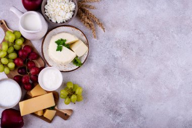 Yahudi bayramı Shavuot konsepti. Tzfat peyniri, süt, süt ürünleri, meyve ve buğday taneleri