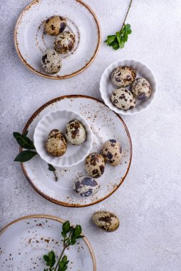 Arka planda çiğ bıldırcın yumurtası olan bir kase.