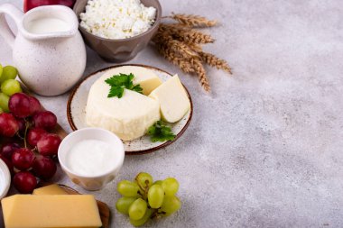 Yahudi bayramı Shavuot konsepti. Tzfat peyniri, süt, süt ürünleri, meyve ve buğday taneleri