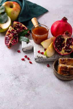 Rosh Hashana Yahudi Yeni Yıl konsepti bal, elma ve nar ile