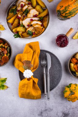 Geleneksel Şükran Günü yemeği hindi, fırında sebze, kızılcık sosu.