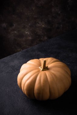 Koyu arka planda çiğ balkabağı, karanlık ruh hali tarzı.