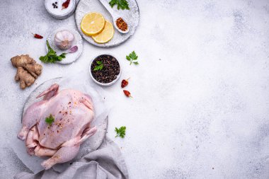 Farklı otlar ve baharatlarla çiğ tavuk.