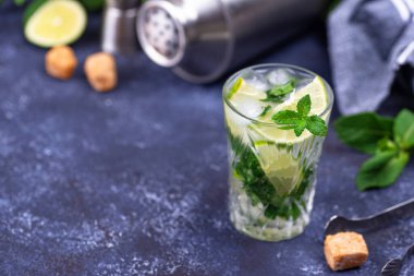 Limonlu ve naneli yaz kokteyli. Cin toniği, gimlet veya mojito.