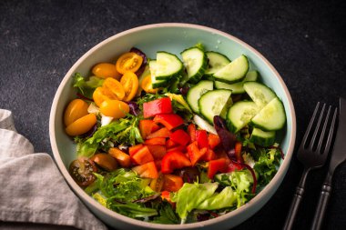 Domates ve salatalıklı taze sağlıklı organik sebze salatası.