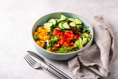 Domates ve salatalıklı taze sağlıklı organik sebze salatası.