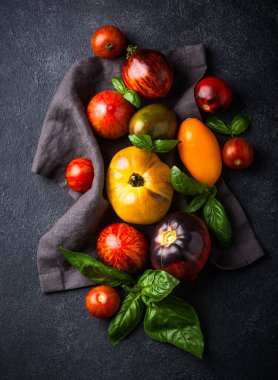 Taze domateslerin değişik çeşitleri ve renkleri.