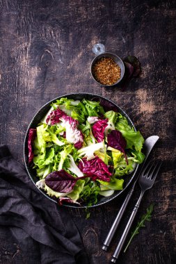 Bir kase taze yeşil salata karışımı. Sağlıklı yemek.