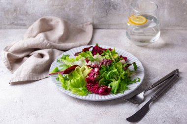 Bir kase taze yeşil salata karışımı. Sağlıklı yemek.