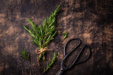 Biberiye, sarımsak, tuz ve biber. Mutfak arka planı.