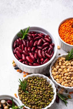 Çeşitli baklagillerin karışımı. Fasulye, mercimek, soya fasulyesi, bezelye ve nohut.