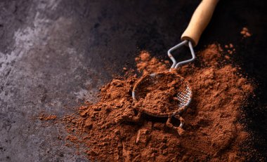 Kakao tozu, doğal çikolata ürünü dokusu arka plan