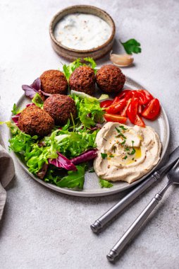 Humus, falafel ve sebzeli sağlıklı vejetaryen salatası.