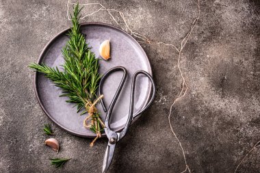 Biberiye, sarımsak, tuz ve biber. Mutfak arka planı.